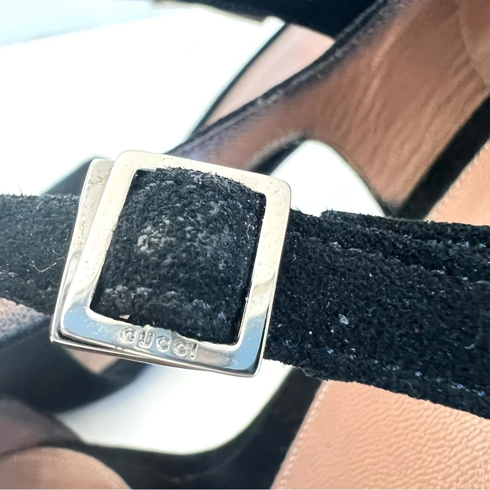 GUCCI Black Suede Interlocking Strap Closure Open Toe Classic Heel Sandal Sz 9 B
